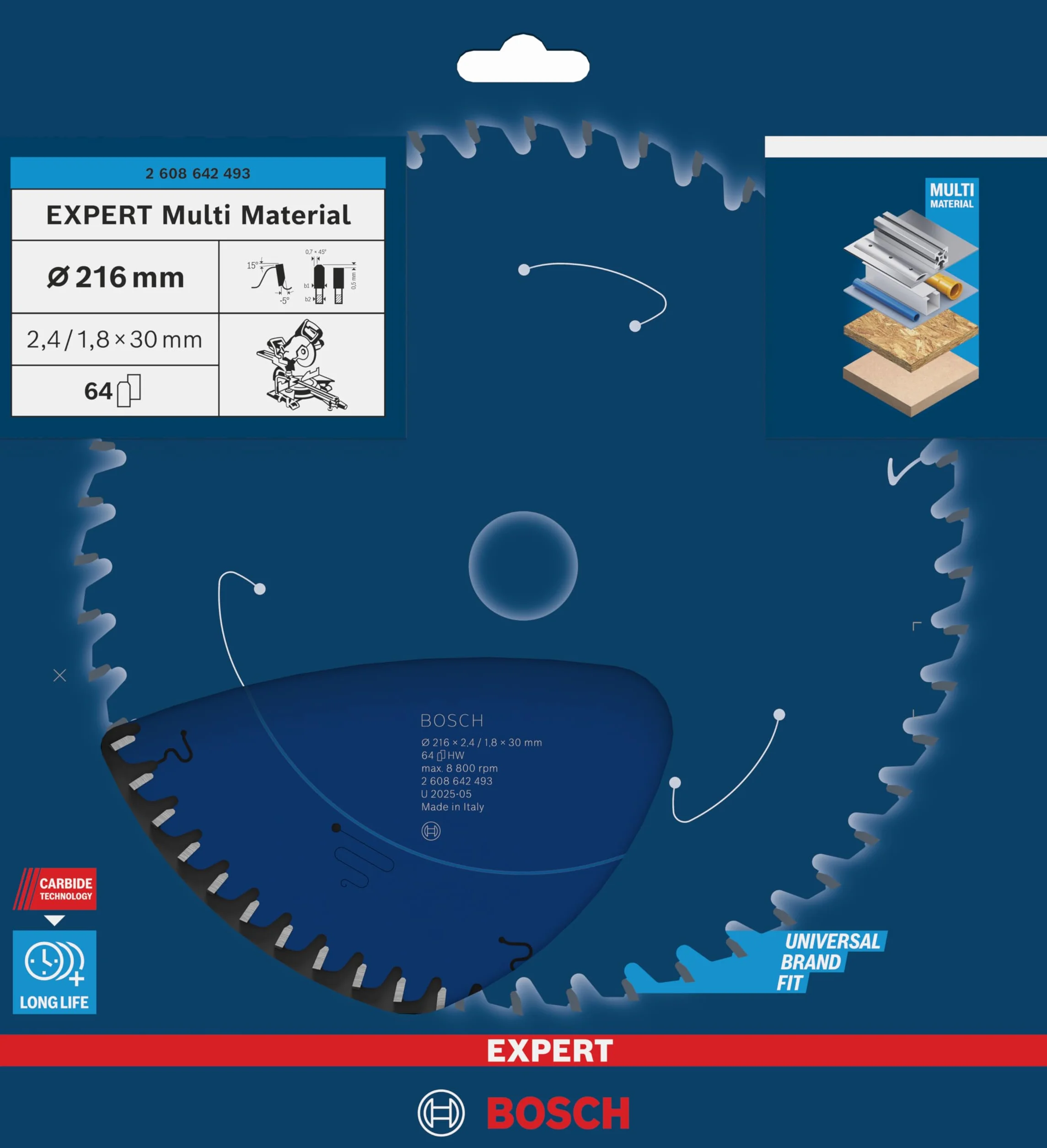 Bosch Professional Brzeszczot do piły tarczowej Expert for Multi Material (216 x 30 x 2,4 mm, 64 zęby, akcesoria do piły tarczowej)