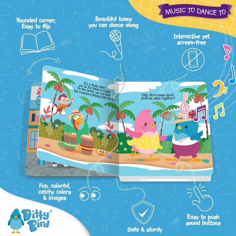 Ditty Bird | Music to Dance to | Interactive Musical Sound Book for toddlers 1- 3 | Early learning toy with music for baby