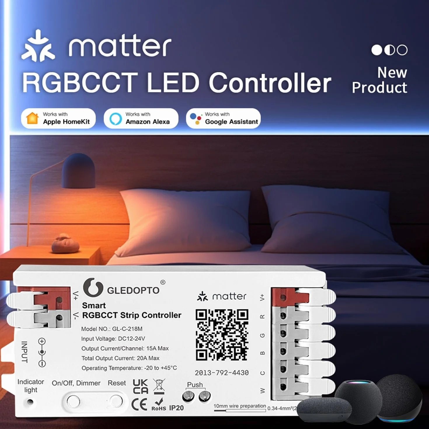 GLEDOPTO Matter WiFi RGBCCT 5-kanałowy kontroler LED 12-24 V PWM 20 A Smart Home GL-C-218M