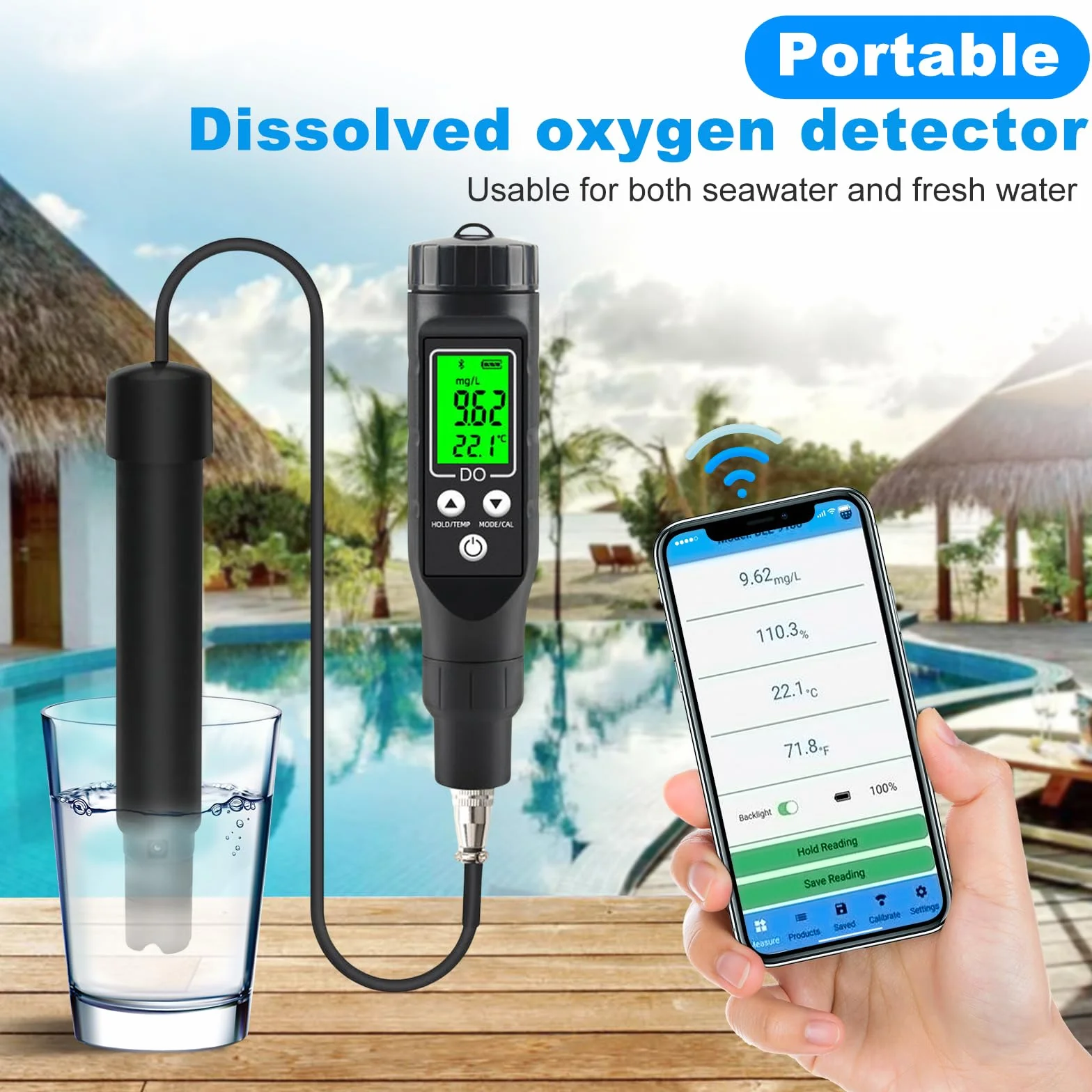 BLE-9100 Bluetooth detektor tlenu do wody, miernik tlenu rozpuszczonego do stawu rybnego akwarium akwakultury